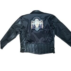 Mens Black Motorcycle Jacket Leather Embroidered Skull‎ Biker Moto